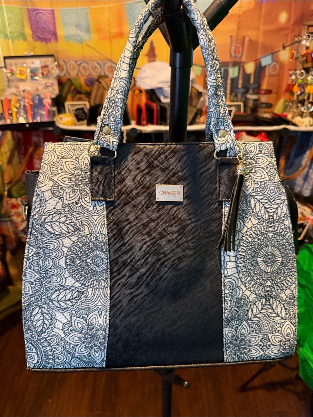 Black and White Floral Panel Tote
